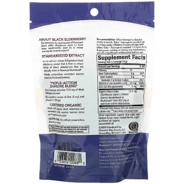 Льодяники бузини з цинком, смак м'яти, Sambucus, Zinc Lozenges, Peppermint, Nature's Way, 24 льодяника