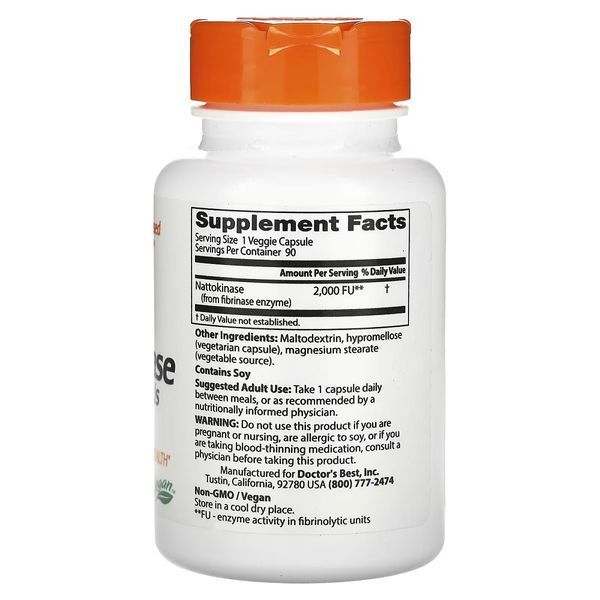Наттокіназа, 2000 FU, Nattokinase, Doctor's Best, 90 вегетаріанських капсул