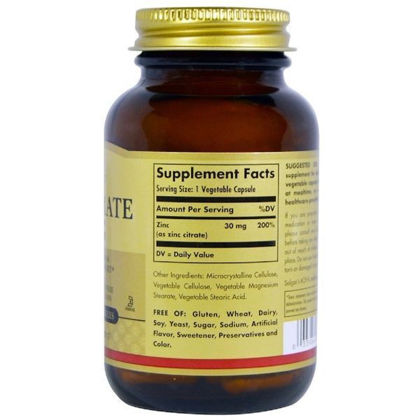 Цинк цитрат, 30 мг, Zinc Citrate, Solgar, 100 вегетаріанських капсул