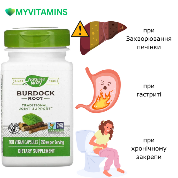 Корінь Лопуха, Burdock Root, Nature's Way, 475, 100 капсул