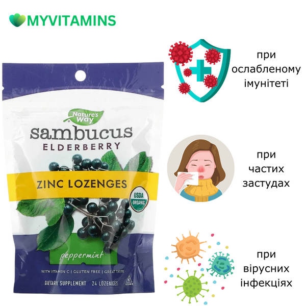Льодяники бузини з цинком, смак м'яти, Sambucus, Zinc Lozenges, Peppermint, Nature's Way, 24 льодяника
