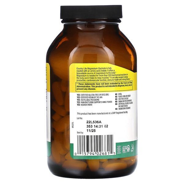 Магній Хелатний гліцинат, 400 мг, Chelated Magnesium Glycinate, Country Life, 180 таблеток (133 мг у таблетці)