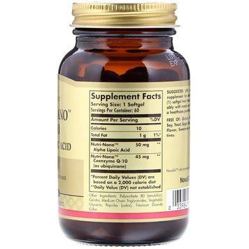 Коензим і Альфа Ліпоєва Кислота, Nutri-Nano CoQ-10 Alpha Lipoic Acid, Solgar, 60 капсул