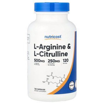 L-аргінін та L-цитрулін, L-Arginine & L-Citrulline, Nutricost, 120 капсул