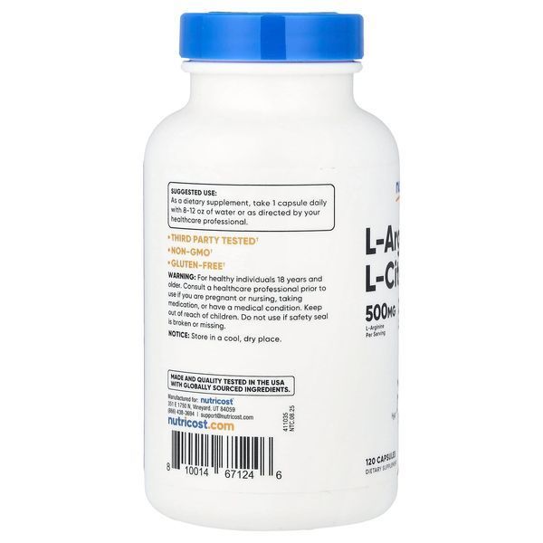 L-аргінін та L-цитрулін, L-Arginine & L-Citrulline, Nutricost, 120 капсул