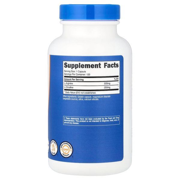 L-аргінін та L-цитрулін, L-Arginine & L-Citrulline, Nutricost, 120 капсул