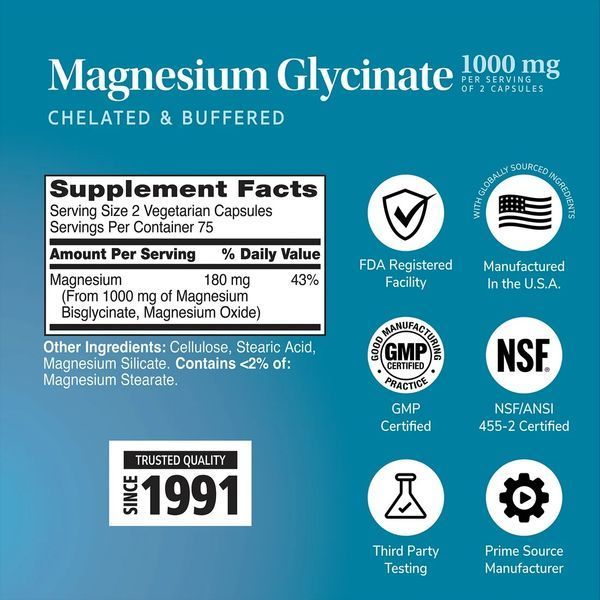 Магний глицинат, 1000 мг, Magnesium Glycinate, 21st Century, 150 вегетарианских капсул