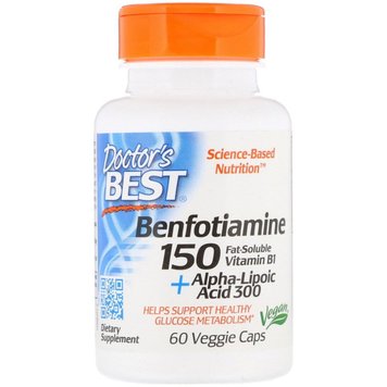 Бенфотіамін 150 і альфа-ліпоєва кислота 300, Benfotiamine 150 + Alpha-Lipoic Acid 300, Doctor's Best, 60 веганських капсул