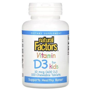 Вітамін D3 для дітей, 400 МО, смак полуниці, Vitamin D3 for Kids, Natural Factors, 100 жувальних таблеток