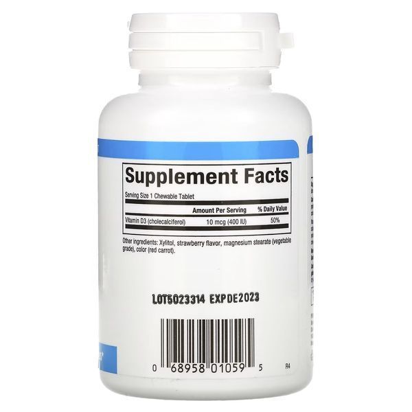 Вітамін D3 для дітей, 400 МО, смак полуниці, Vitamin D3 for Kids, Natural Factors, 100 жувальних таблеток