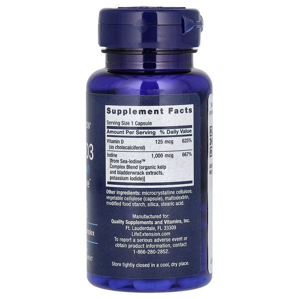 Вітамін D3 з морським йодом, 125 мкг (5000 МО), Vitamin D3 with Sea-Iodine, Life Extension, 60 капсул