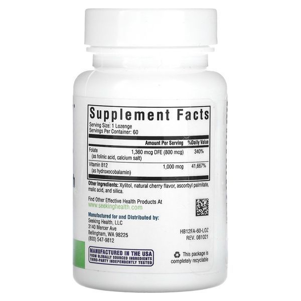 Вітамін B12 та Фолієва кислота, Hydroxo B12 With Folinic Acid, Seeking Health, 60 жувальних таблеток