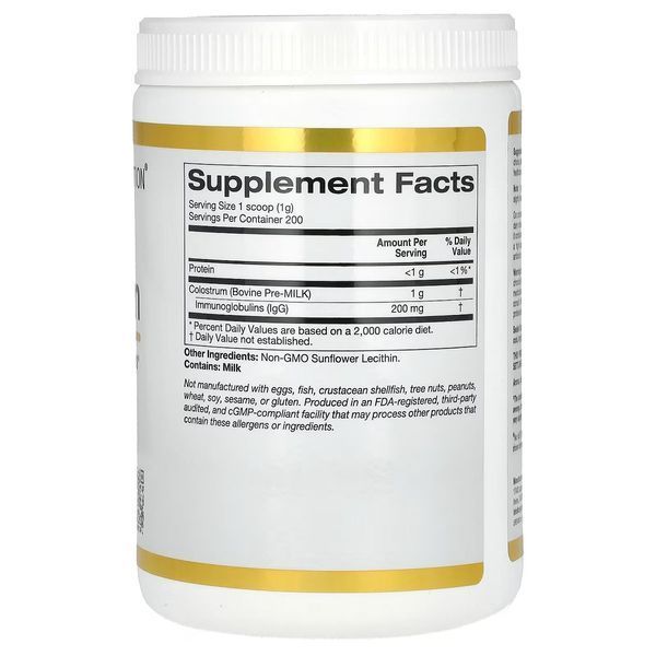 Молозиво концентроване у порошку, 1000 мг, Colostrum, California Gold Nutrition, 200 гр