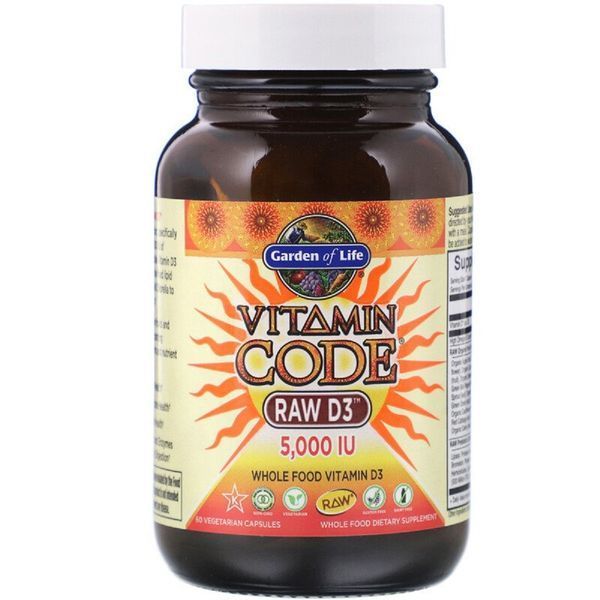 Сырой Витамин D3, RAW D3, Vitamin Code, Garden of Life, 5000 МЕ (125 мкг), 60 вегетарианских капсул
