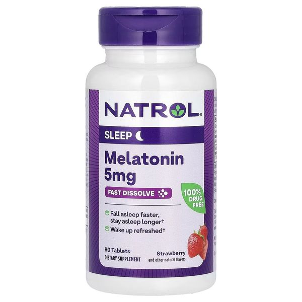 Мелатонін 5 мг, швидкорозчинний, смак полуниці, Melatonin, Fast Dissolve, Natrol, 90 таблеток