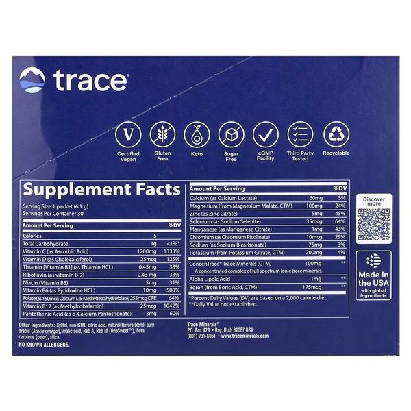 Електроліти без цукру, цитрусовий смак, Power Pak, Trace, 30 пакетів по 6,1 гр