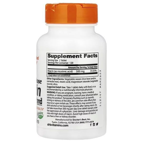 Ніацин, Вітамін В3, 500 мг, Sustained-Release Niacin with niaXtend, Doctor's Best, 120 таблеток