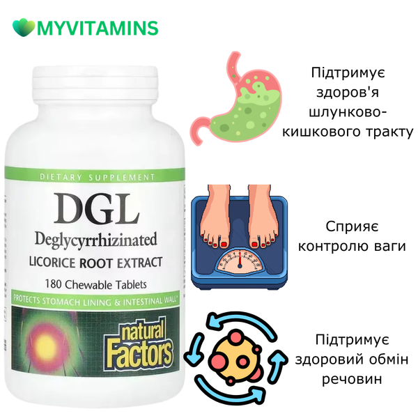Солодка (Лакрица), деглицирризиновый экстракт корня, DGL, Deglycyrrhizinated Licorice Root Extract, Natural Factors, 180 жевательных таблеток