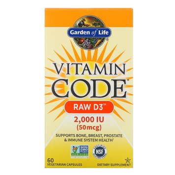 Сирий Вітамін D3, RAW D3, Vitamin Code, Garden of Life, 2000 МО (50 мкг), 60 вегетаріанських капсул