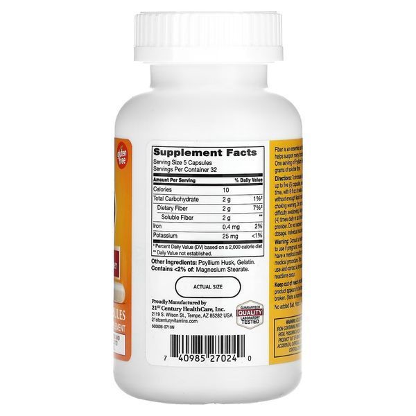 Клітковина з подорожника, Psyllium Fiber, 21st Century, 160 капсул