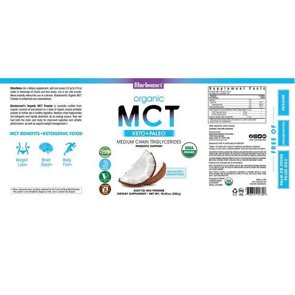 MCT Органічний порошок з кокосового горіха, Bluebonnet Nutrition, 300 гр