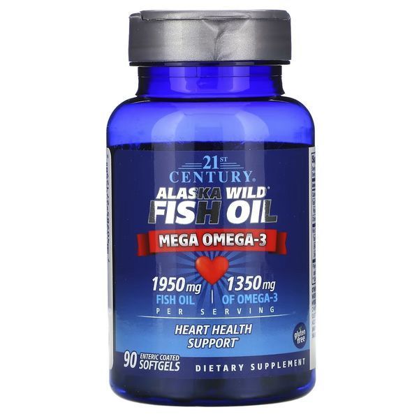 Жир дикой рыбы Аляски, Рыбий жир 1950 мг, Омега 3 1350 мг, Alaska Wild Fish Oil, Mega Omega 3, 21st Century, 90 желатиновых капсул