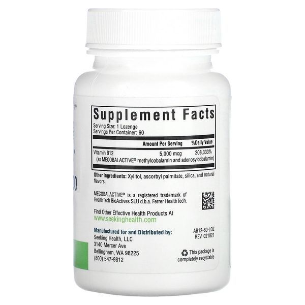 Вітамін B12, 5000 мкг, Active B12 5000, Seeking Health, 60 жувальних таблеток