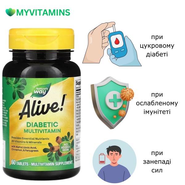 Диабетические мультивитамины, Alive! Diabetic Multivitamin, Nature's Way, 60 таблеток