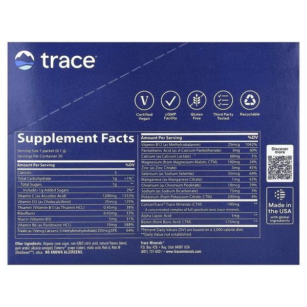 Електроліти, смак граната та чорниці, Power Pak, Trace, 30 пакетів по 6,1 гр