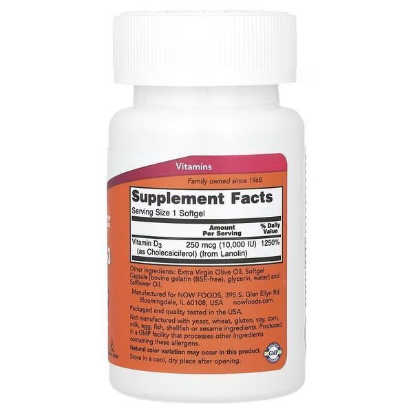 Вітамін D3, 10000 МО, високої ефективності, Vitamin D-3, High Potency, Now Foods, 240 гелевих капсул