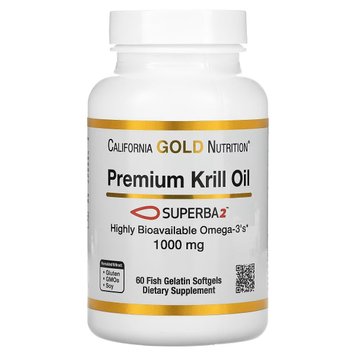 Крилевий жир преміальної якості, 1000 мг, Premium Krill Oil with Superba2, California Gold Nutrition, 60 желатинових капсул