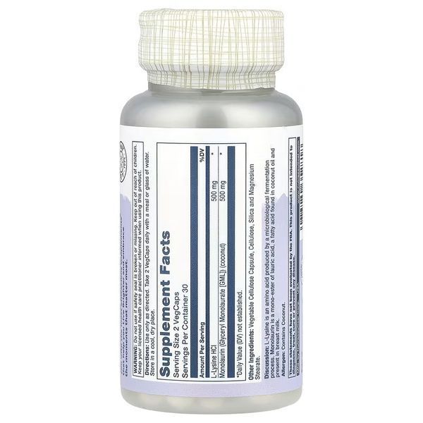 L-лізин і Монолаурін, L-Lysine Monolaurin 1:1 Ratio, Solaray, 60 вегетаріанських капсул