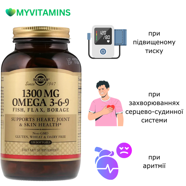 Омега 3-6-9, 1300 мг, Solgar, 120 желатиновых капсул