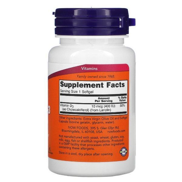 Вітамін D3, Vitamin D3, Now Foods, 400 МО, 180 желатинових капсул