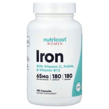 Залізо для жінок, Women, Iron With Vitamin C, Folate & Vitamin B12, Nutricost, 180 капсул