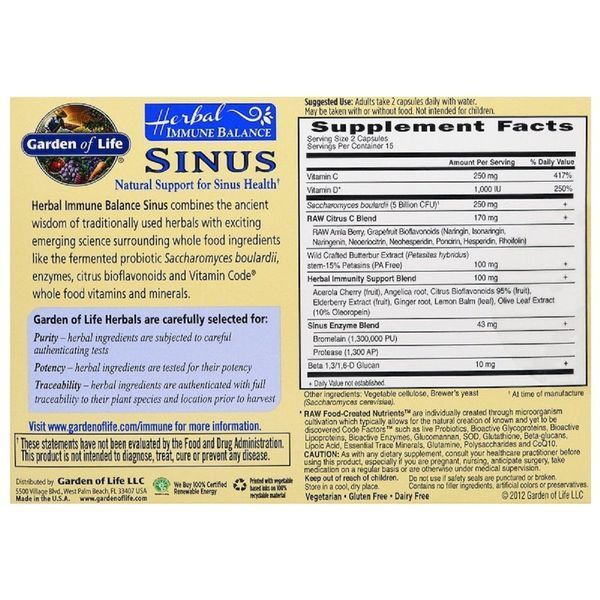 Травяной Комплекс для поддержки иммунитета, Herbal Immune Balance Sinus, Garden of Life, 30 вегетарианских капсул