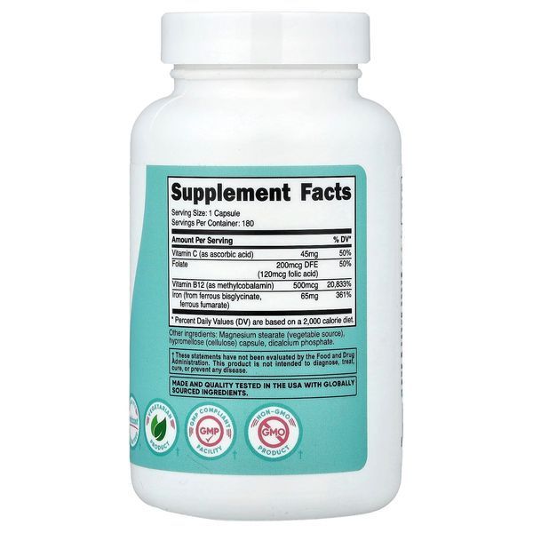 Залізо для жінок, Women, Iron With Vitamin C, Folate & Vitamin B12, Nutricost, 180 капсул