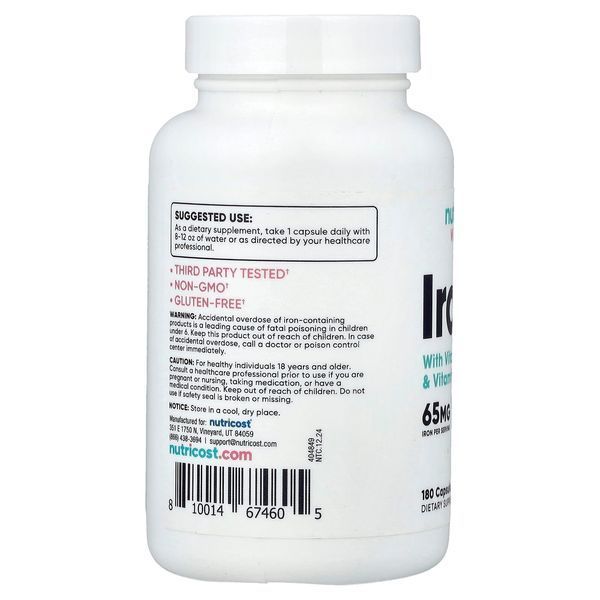 Залізо для жінок, Women, Iron With Vitamin C, Folate & Vitamin B12, Nutricost, 180 капсул