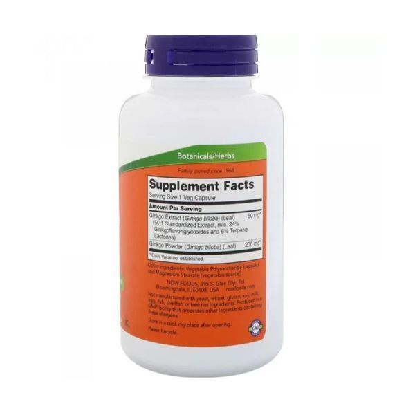 Гінкго Білоба, 60 мг, Ginkgo Biloba, Now Foods, 60 вегетаріанських капсул