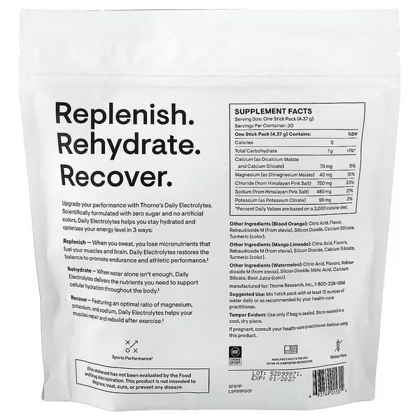 Електроліти, смак асорті, Daily Electrolytes, Thorne, 30 стиків