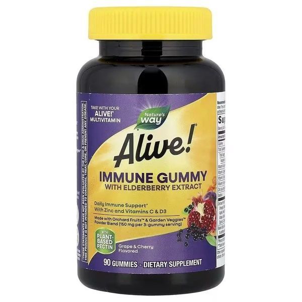 Иммунная поддержка с бузиной, вкус винограда и вишни, Alive! Immune, Nature's Way, 90 жевательных конфет
