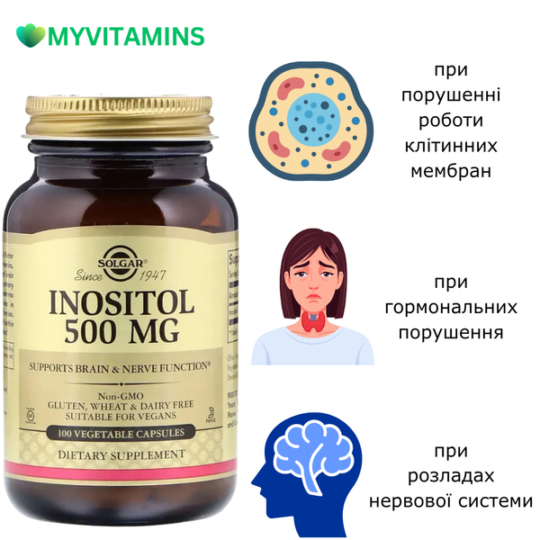 Инозитол (В8), Inositol, Solgar, 500 мг, 100 вегетарианских капсул