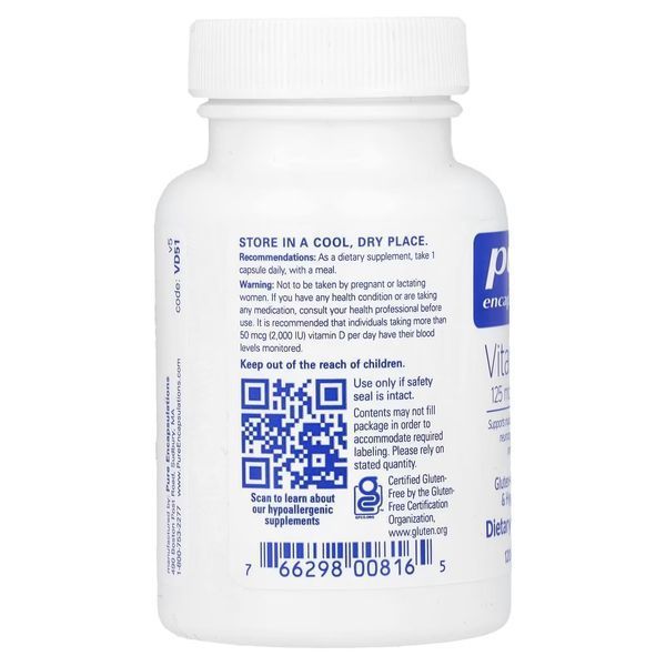 Вітамін D3, 125 мкг, Vitamin D3, Pure Encapsulations, 120 капсул