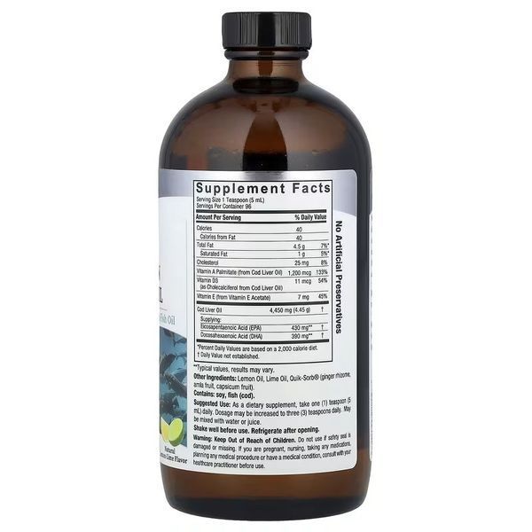 Жир Печінки Дикої Норвезької Тріски, смак лимон-лайм, Liquid Norwegian Cod Liver Oil, Nature's Answer, 480 мл
