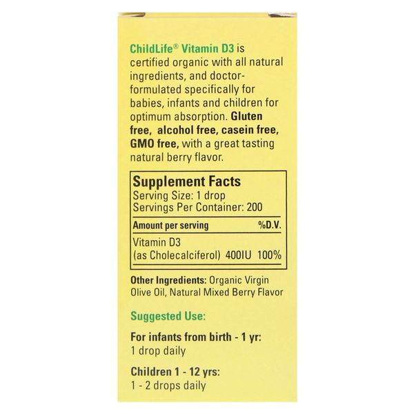 Рідкий Вітамін D3 для Дітей зі Смаком Ягід, 400 МЕ, Organic Vitamin D3 Drops, ChildLife, 6,25 мл