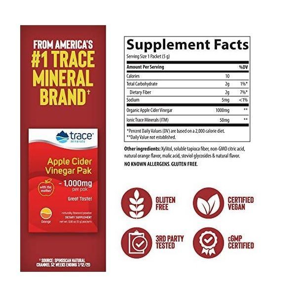 Яблучний оцет, 1000 мг, апельсиновий смак, Apple Cider Vinegar Paks, Trace Minerals, 30 пакетиків