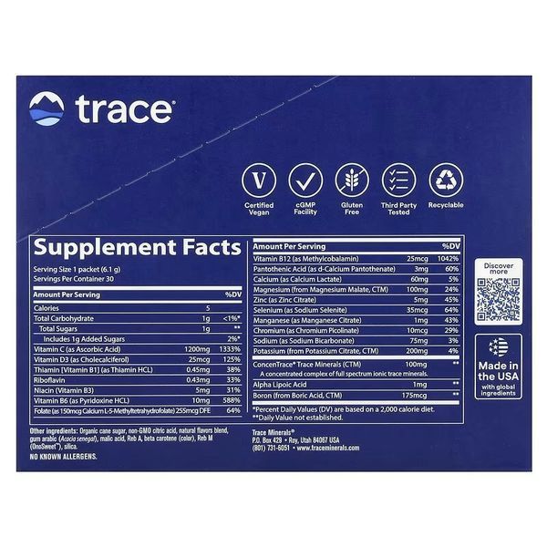 Электролиты, вкус апельсина, Power Pak, Trace, 30 пакетов по 6 гр