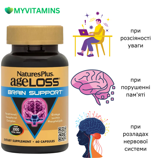 Комплекс для підтримки мозку, AgeLoss Brain Support, Natures Plus, 60 капсул