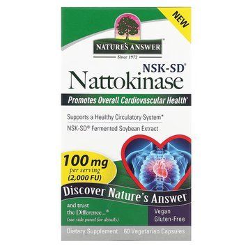 Наттокиназа, 100 мг, Nattokinase, Nature's Answer, 60 вегетарианских капсул