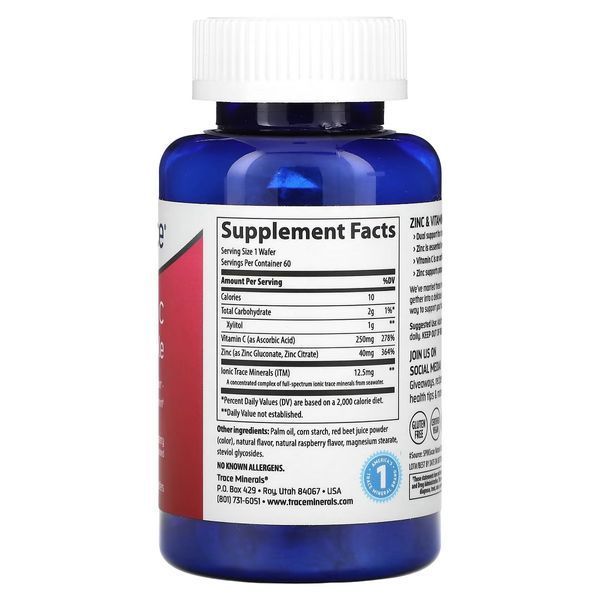 Підтримка імунітету з цинком та вітаміном С, смак малини, Zinc+Vitamin C, Trace Minerals, 60 жувальних таблеток